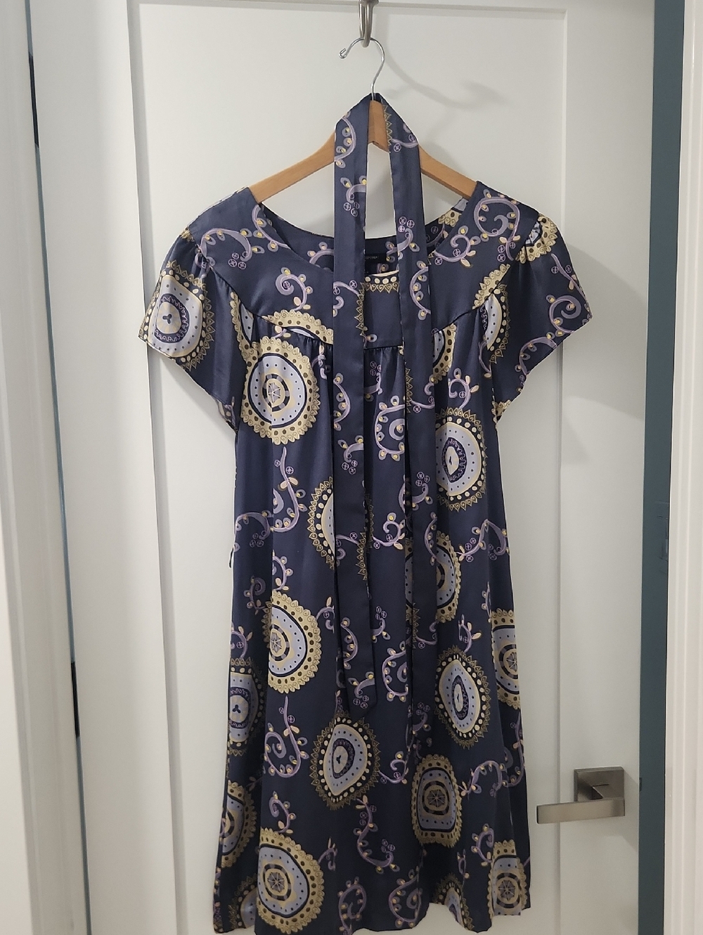 Banana Republic Navy Blue, Gold & Lavender Paisley Silk Dress